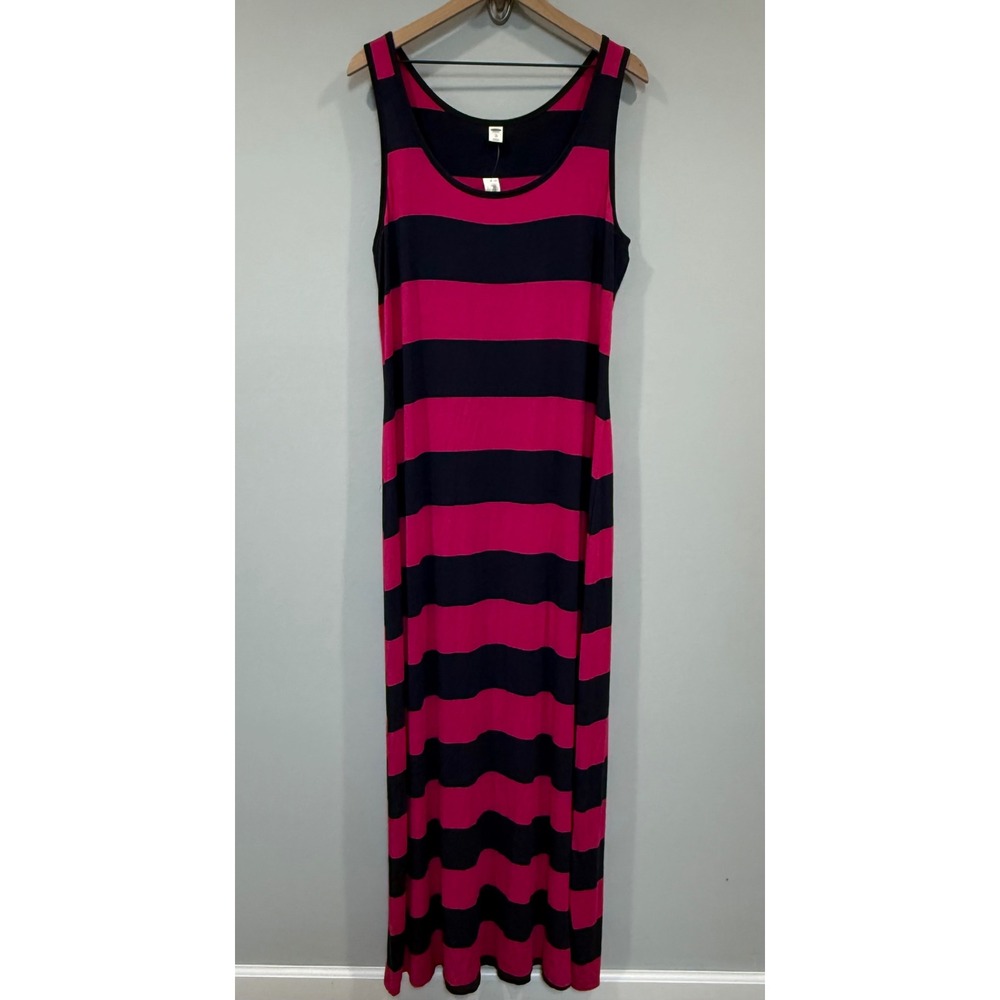 NWT Old Navy Sleeveless Long Maxi Jersey Dress Pink Navy Blue Striped Size XL